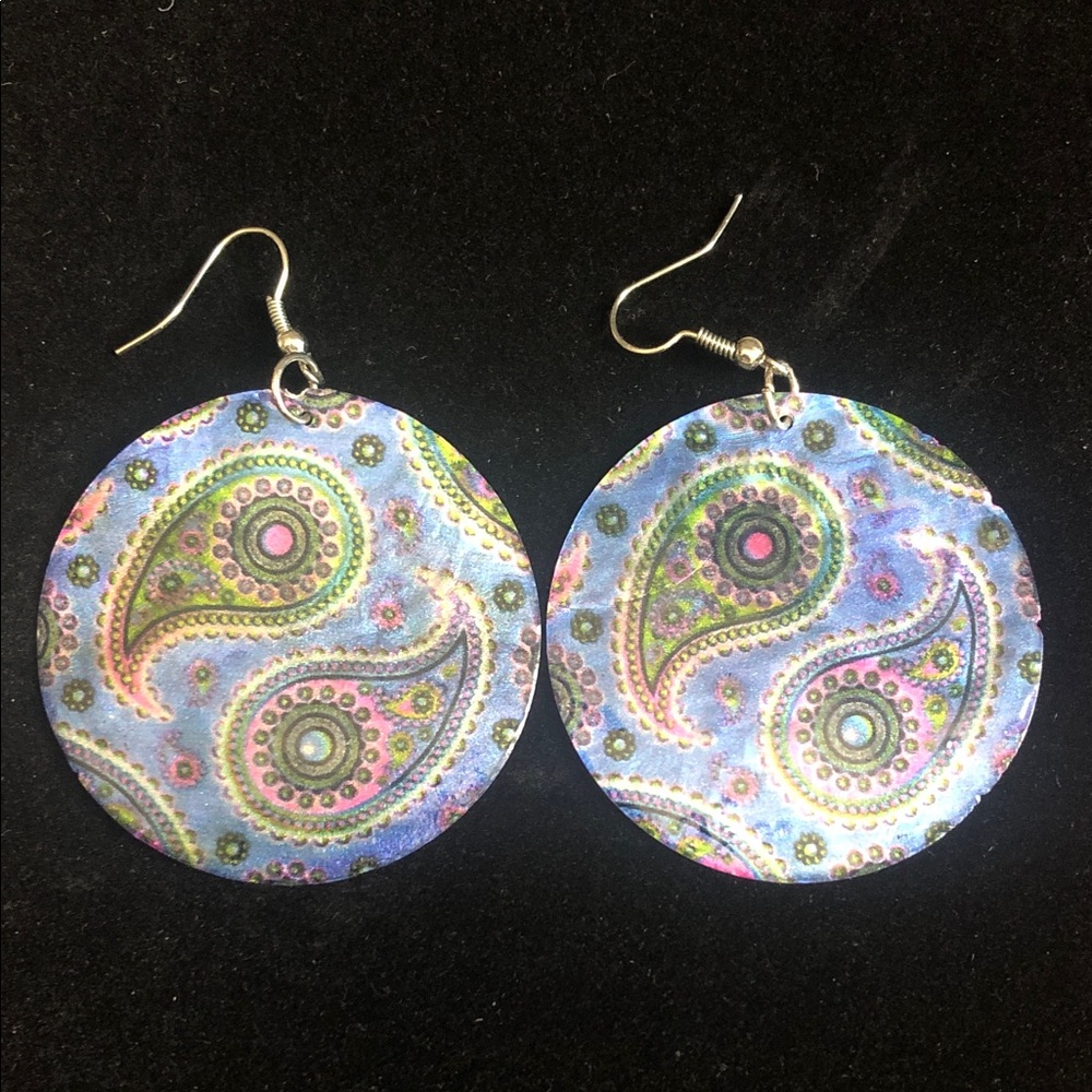 Blue Paisley Disc Round Abalone Shell Drop Earrings | Boho Coastal Style